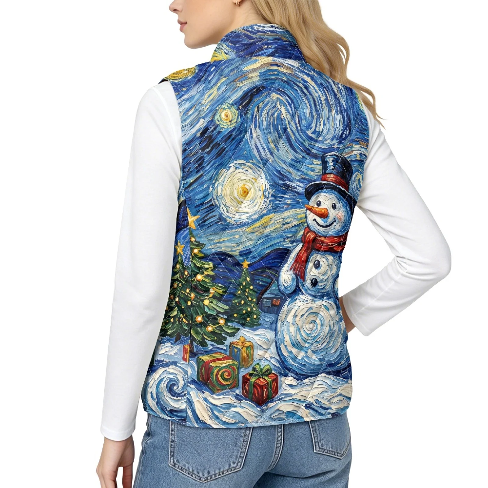 PENSTROLL Snowman Starry Night Print Zip up Diamond Pattern Vest Casual Women's Quilted Jacket Vest Outwear Vests for Winter