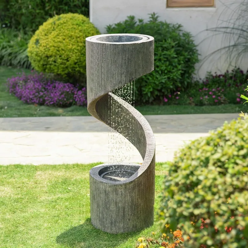 Decorative Tiered Outdoor Water Fountain with LED Light Vintage Curved Waterfall Fountain with Stone Planter Rustic Decor