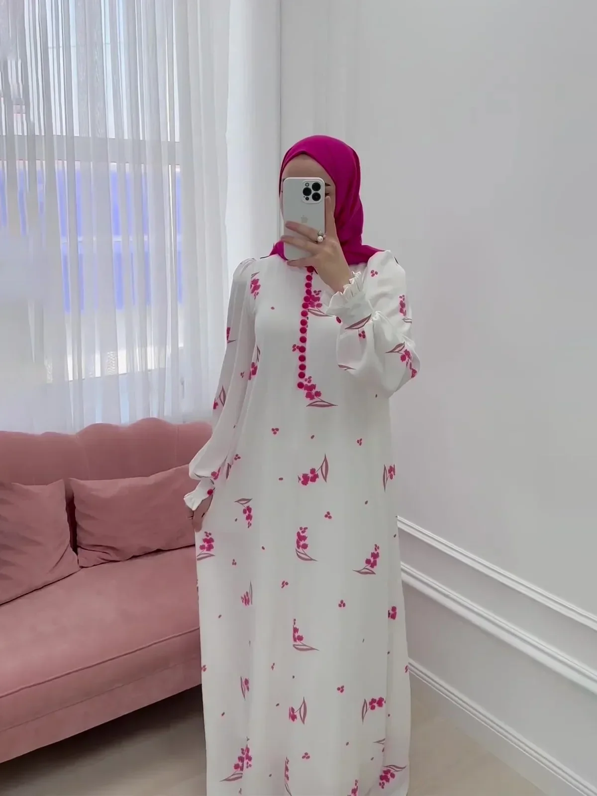 Eid มุสลิมชุดผู้หญิงหวานพิมพ์ชุดยาวปุ่ม Ramadan โมร็อกโก Vestidos Largos ดูไบตุรกี Robe Jalabiya 2025