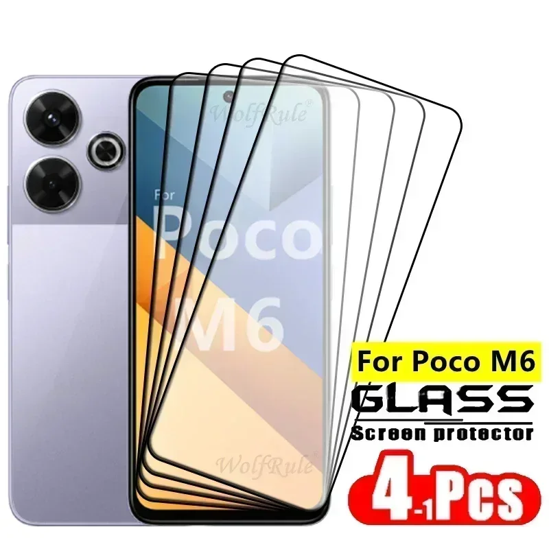 4pcs For Poco M6 Glass Poco M6 Tempered Glass Full Cover Glue Protective Film 9H HD Screen Protector Xiaomi Poco M6 PocoM6 M 6