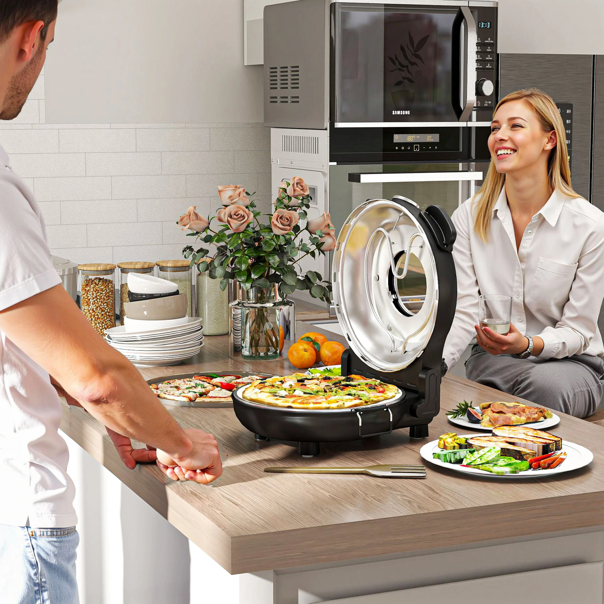 فرن بيتزا هومك في 5 دقائق، مؤقت 1200 وات، درجة حرارة 15 دقيقة تصل إلى 430 ℃     نافذة عرض سوداء