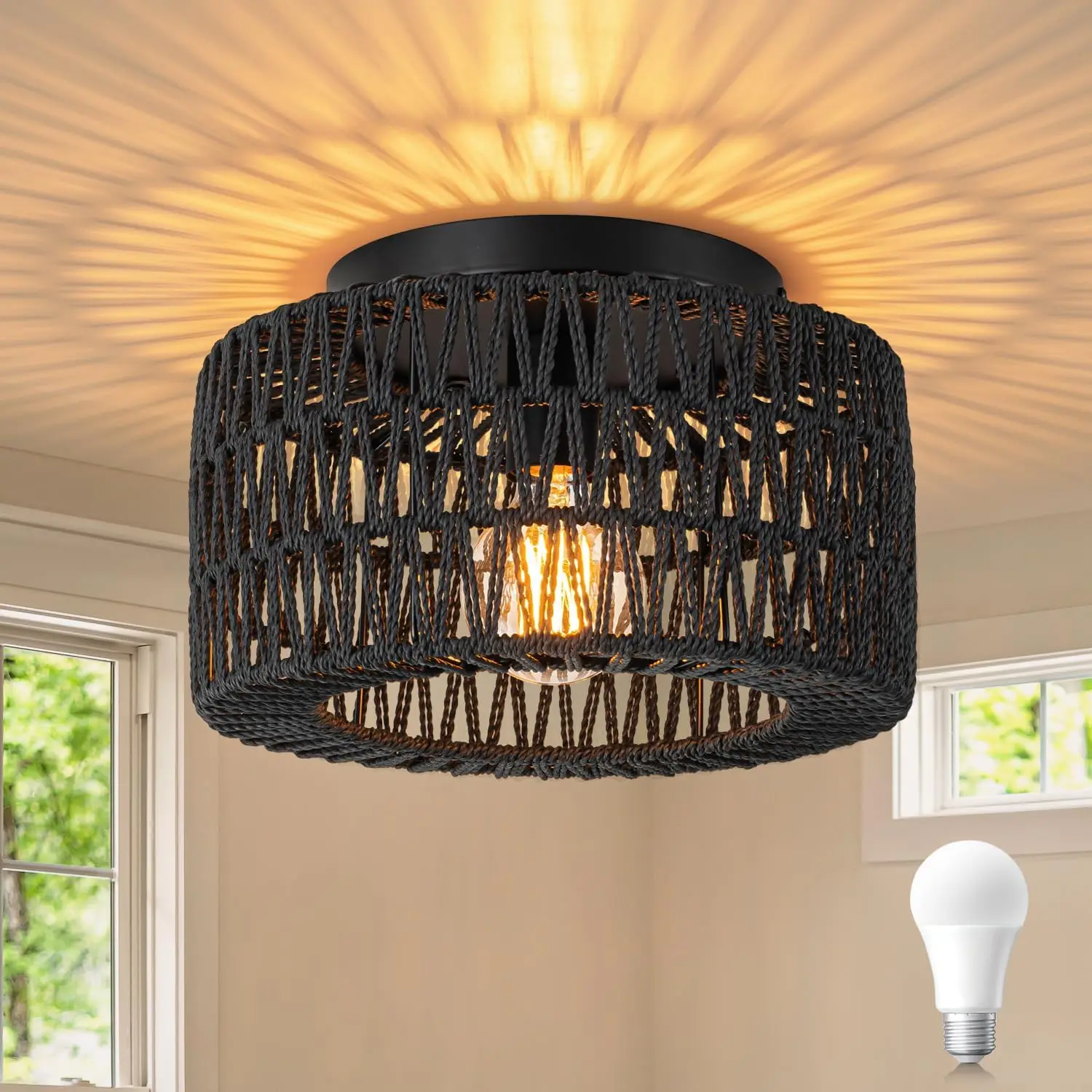 

Hand-Woven Rattan Ceiling Light 12-Inch, LED Bulb Included, Boho Flush Mount for Hallway Kitchen Farmhouse Living Room