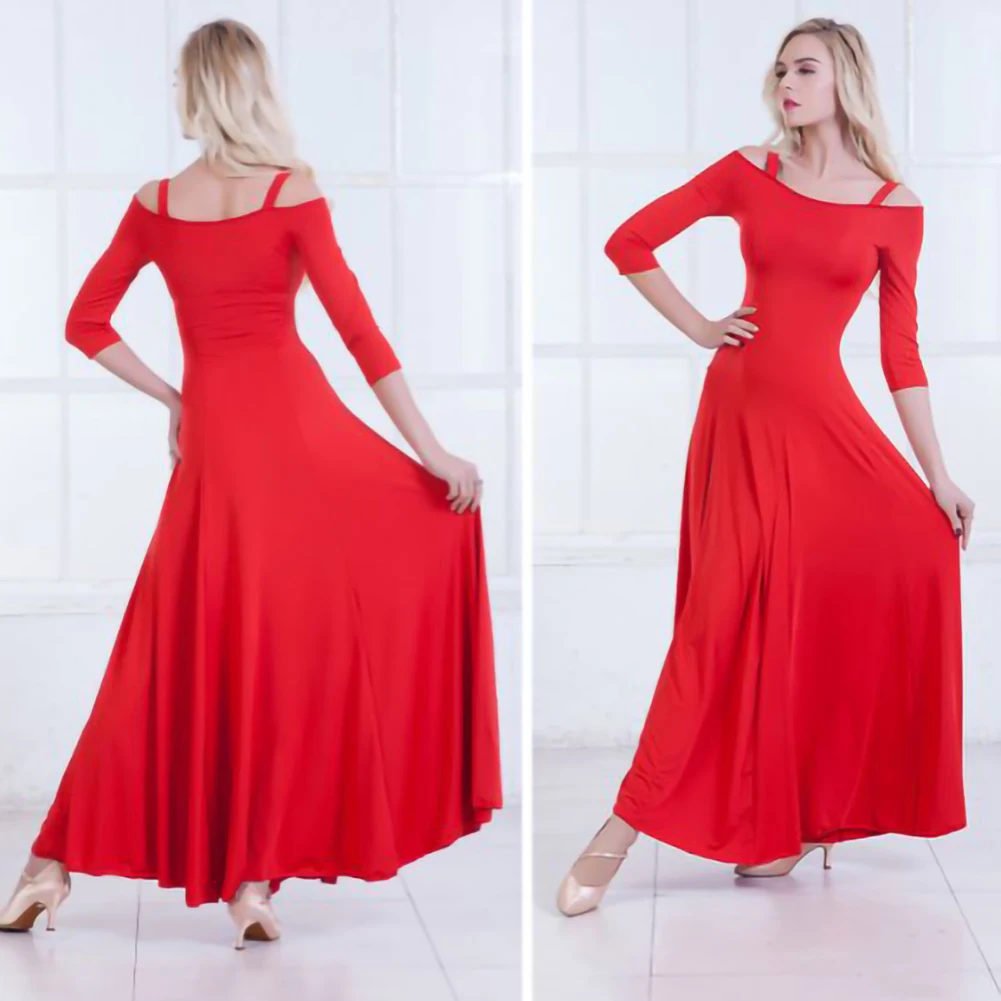 فستان حفلة موسيقية أحمر فستان مسابقة الرقص الحديث أسود قاعة الرقص الفالس حبال أداء الرقص ممارسة اللباس