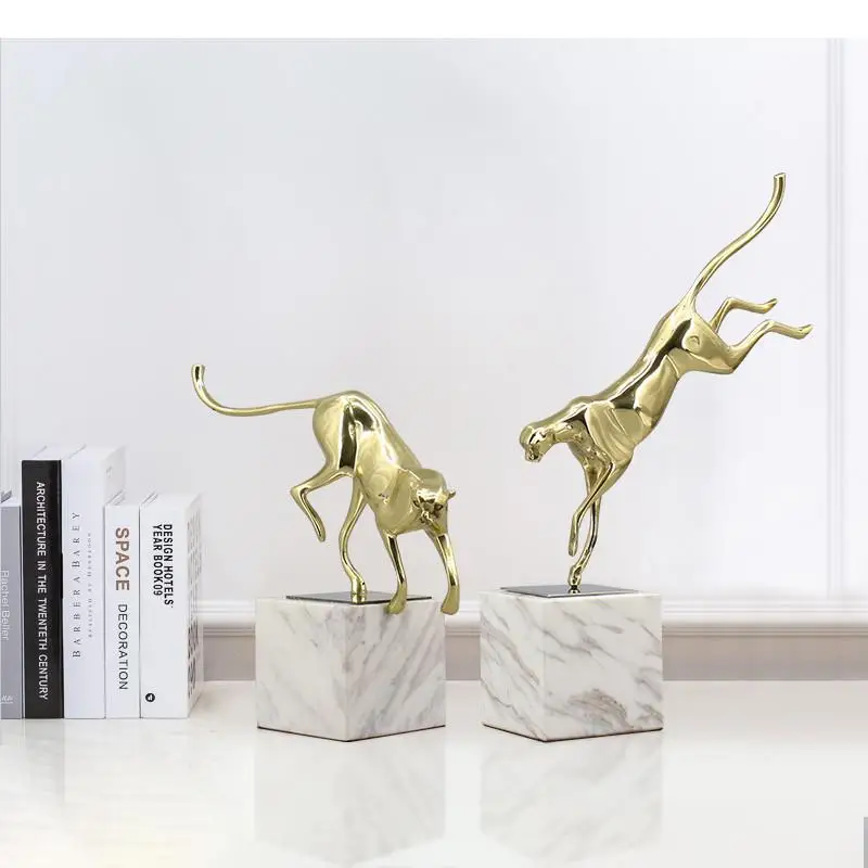 

Handicraft Furnishings Marble Animal Golden Metal Simulation Leopard Cheetah Modern Home Decoration Sculpture