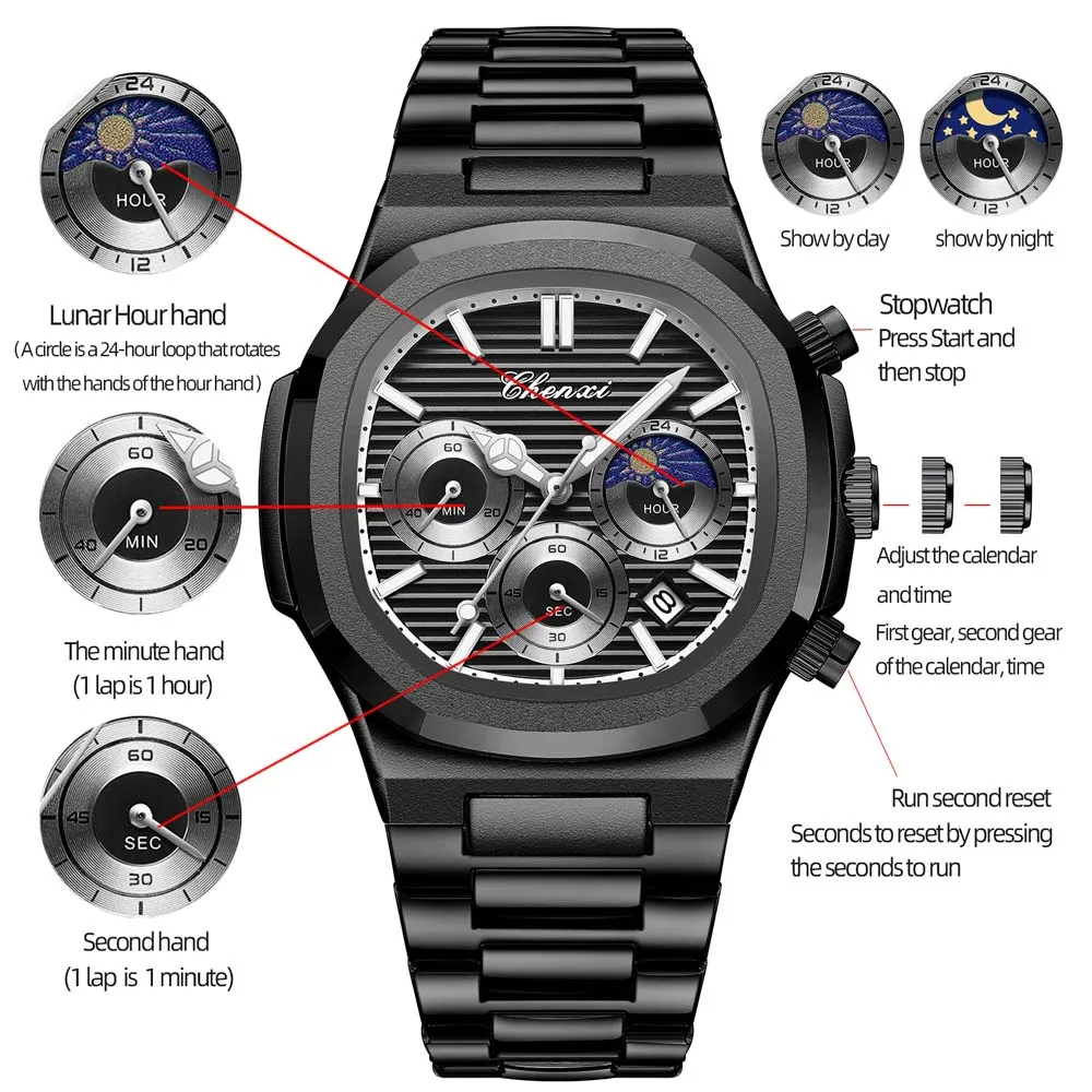 CHENXI Multifunctional Men's Watch True Three Sub-dials Six Hands Calendar Moon Phase Chronograph Octagonal Quartz Watch Reloj