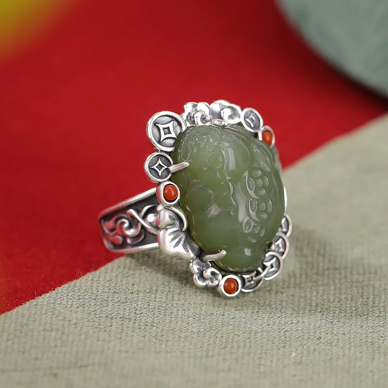 Hetian , 999 silver, green jade, golden, copper coin, red agate ring, fashionable and versatile