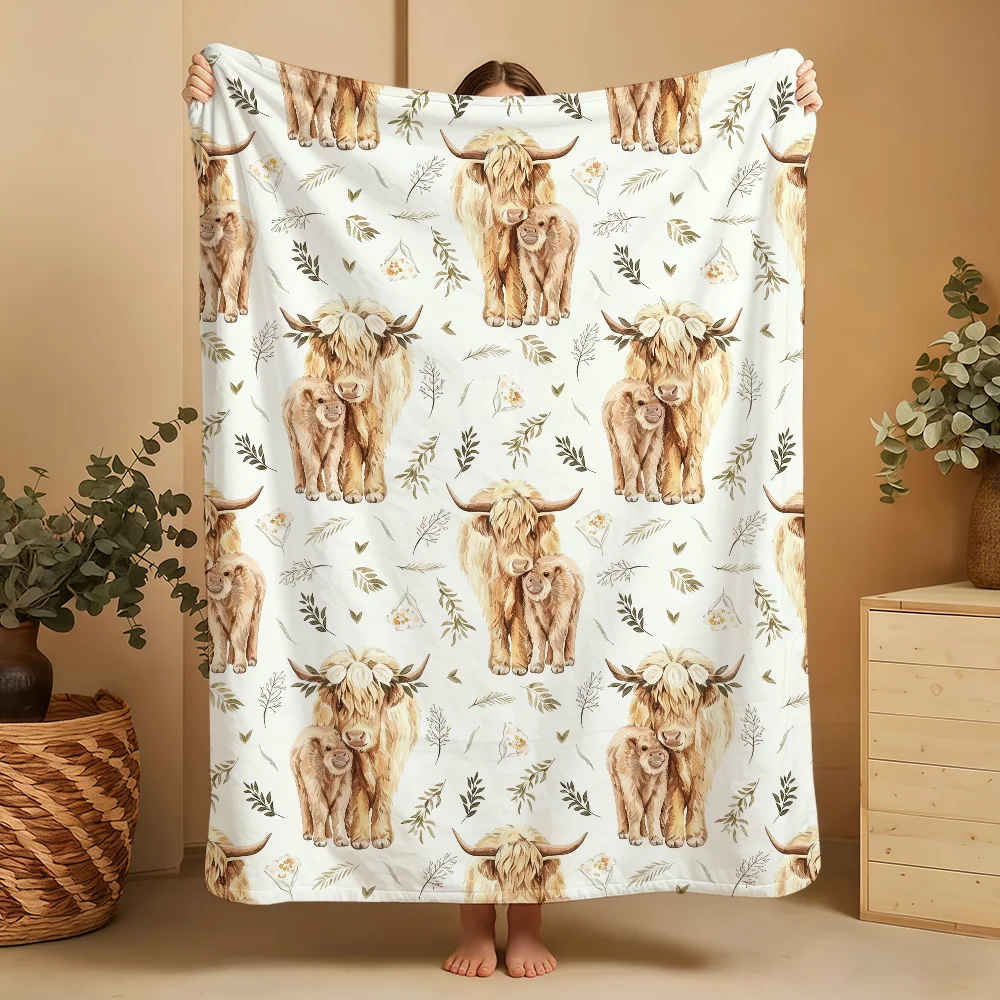 Watercolor Highland Cattle Flowers Blanket Printed Flannel Soft Warm Cozy All-Season Nap Bed Sofa Travel Camping Gift Adults Kid