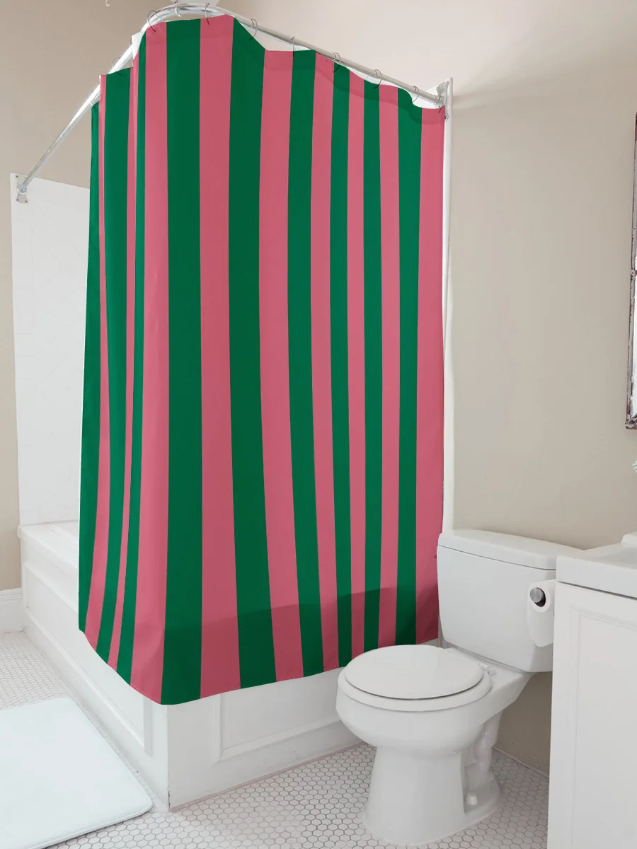 Green and Pink Stripe Shower Curtain Waterproof Easy to Clean Privacy Protection Print Bold Vertical Pattern Modern Quick Setup