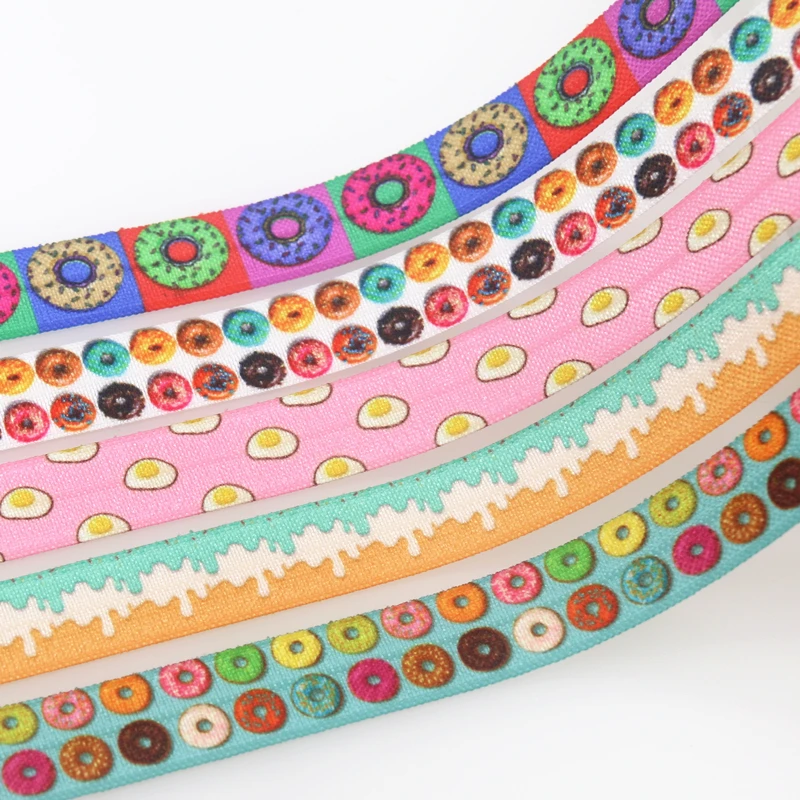 DUWES 5/8'' 50yards Cupcake Donuts Egg Printed Fold Elastic FOE Stretch Ribbon Hairbow Headwear Headband DIY OEM D1500