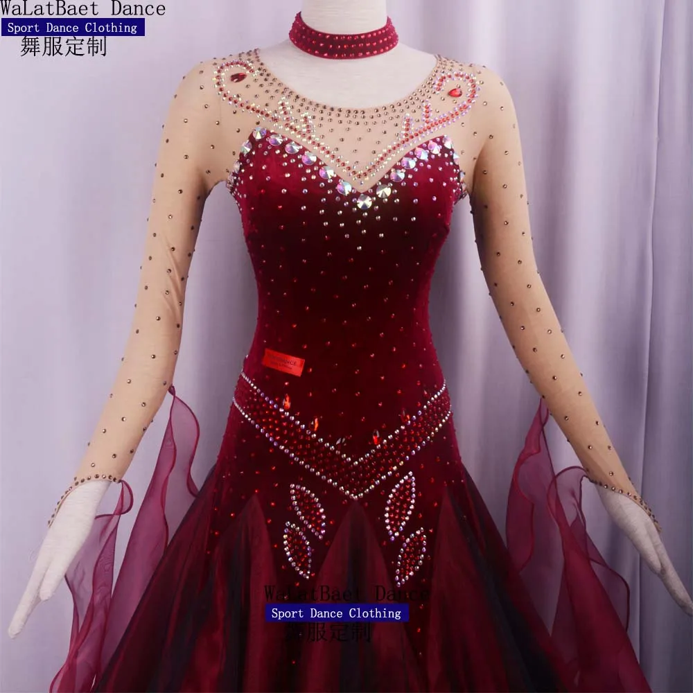 Customized Color and Size Standard Ballroom Dance Dress Women Girls Competition Costume Velvet Waltz Stage Wine Red long Sleeve