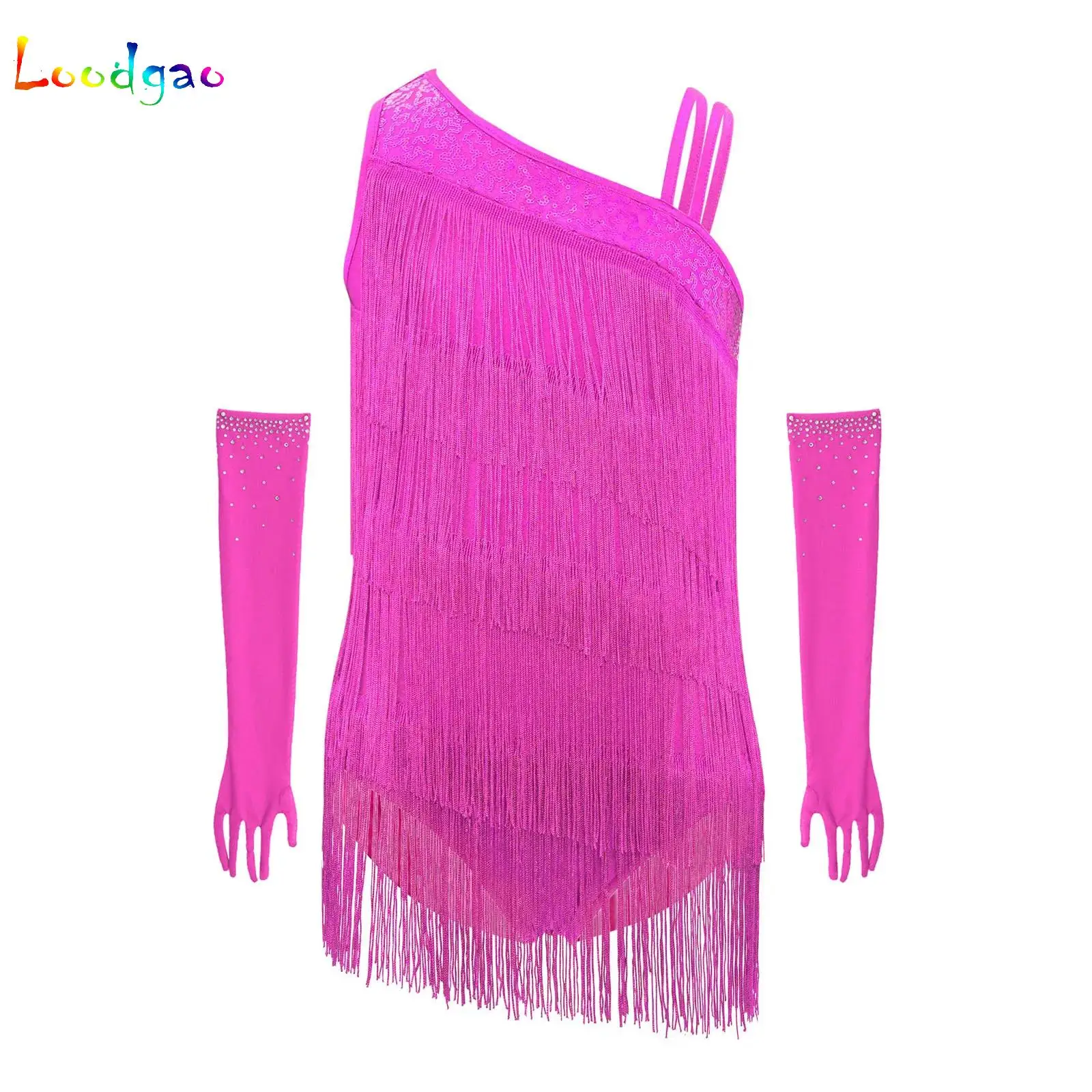 

Shiny Sequins Latin Dance Tassels Leotards Dress with Gloves Set for Kids Girls Shiny Ballroom Fringe Chacha Rumba Tango Salsa