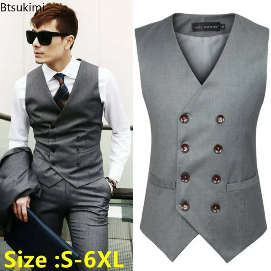 2025 Men's Slim Waistcoat Vest Spring Autumn Solid Double Breasted Oversized Suit Vest Men Formal Blazer Vest Wedding Party Tops