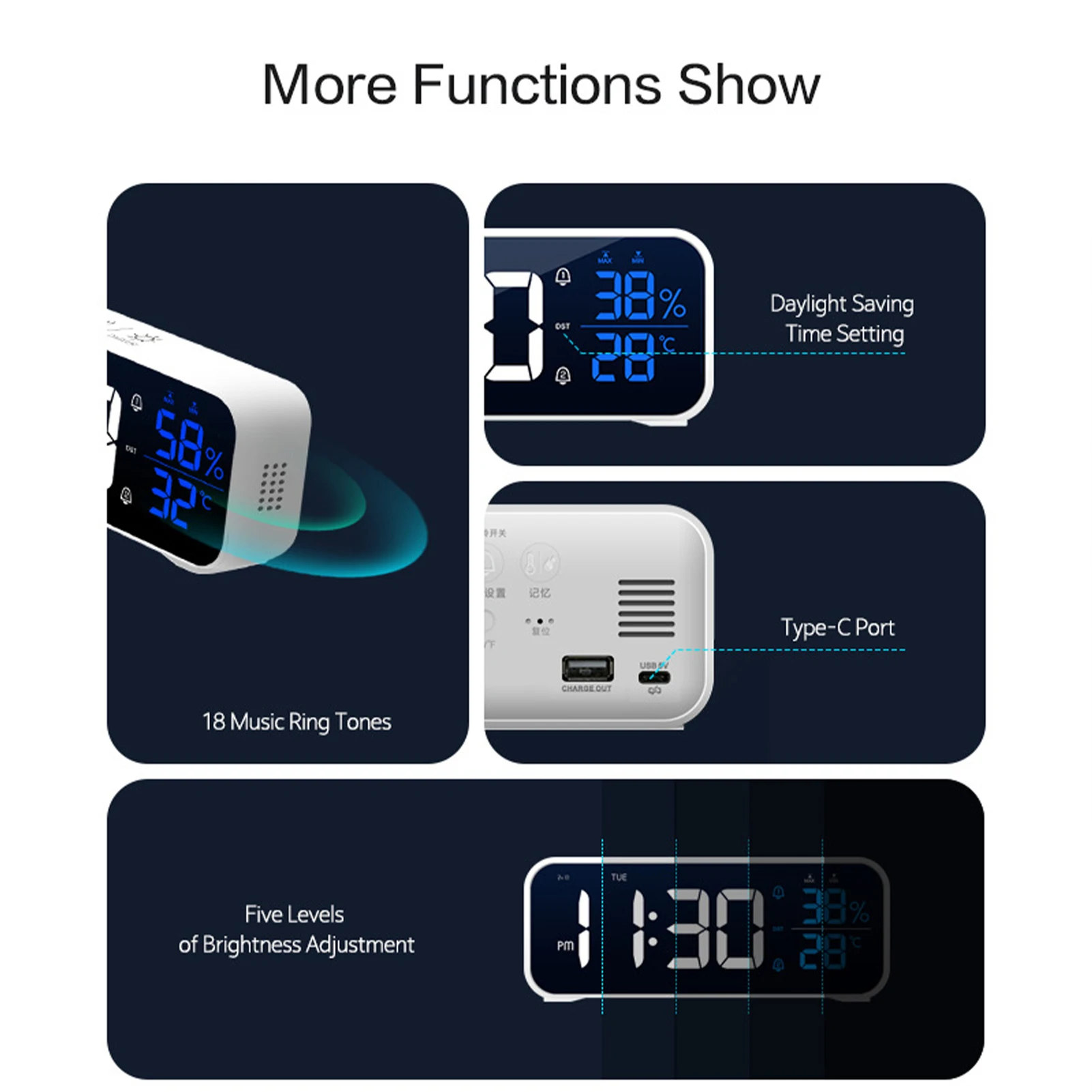 Music Alarm Clock Temperature Humidity Voice Control/Alaways On Table Clock Dual Alarm Wall Rechargeable Digital LED Clocks