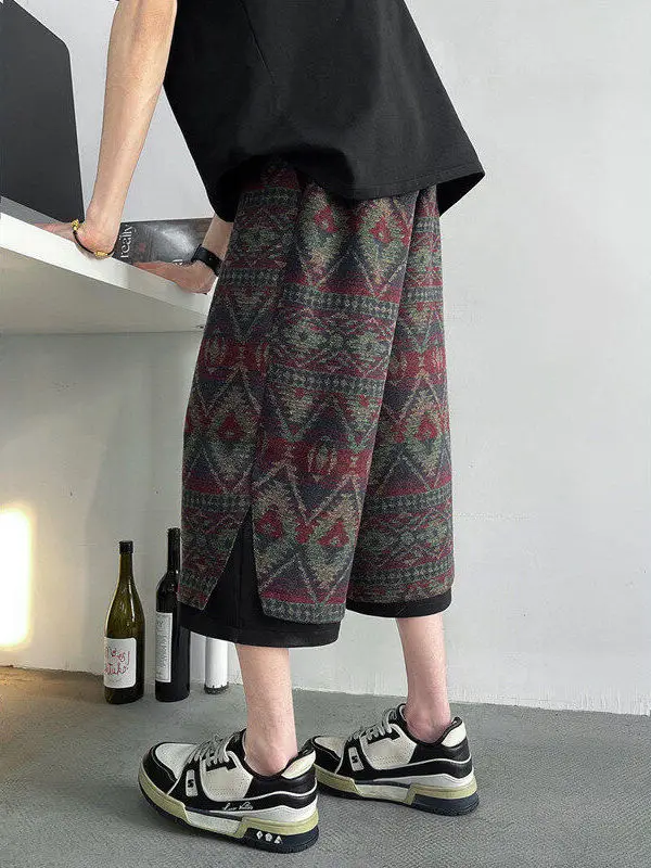 

Ethnic Sle Knitted Patchwork Men's Seven-Foot Pants Straight Leg Loose Fit Casual Trousers Faionable Spring Summer orts