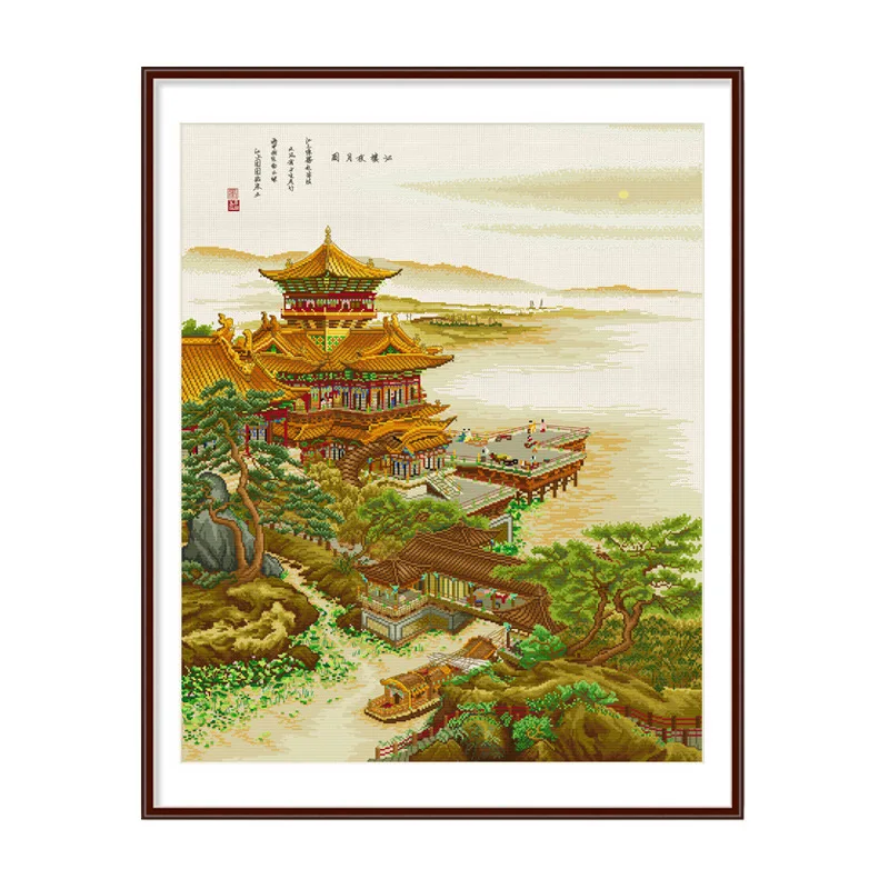 

Print Cross Stitch Kit, Home Decor Painting, Living Room, Classical Chinese, Architecture, Landscape Patterns