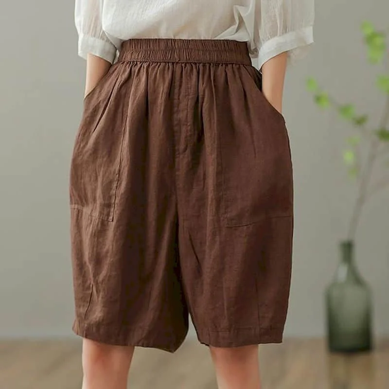 Solid Shorts Women Summer Casual Cotton Linen Straight Short Pants Korean Style Elastic Waist Five-point Trousers Women Clothing