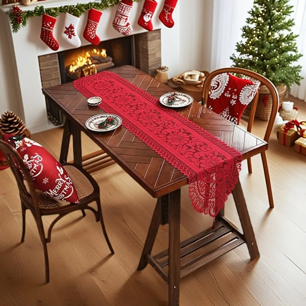 Retro Lace Table Runner Solid Color with Tassel Dining Table Mat Table Decoration for Wedding Banquet