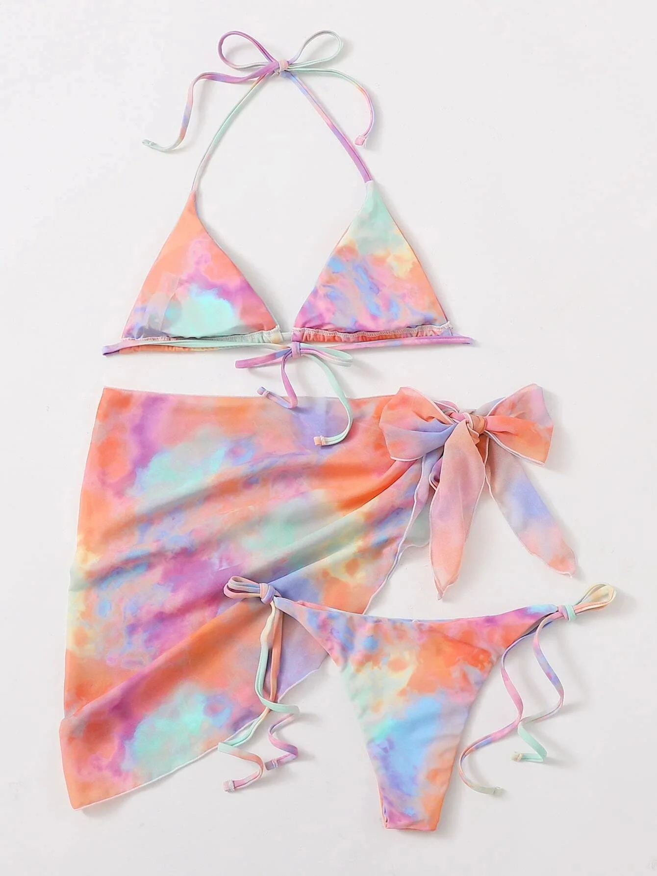 Women tie dye print micro mini string bikini sets three pieces with mesh bow tie skirt swimsuit bathing suit beach outfits