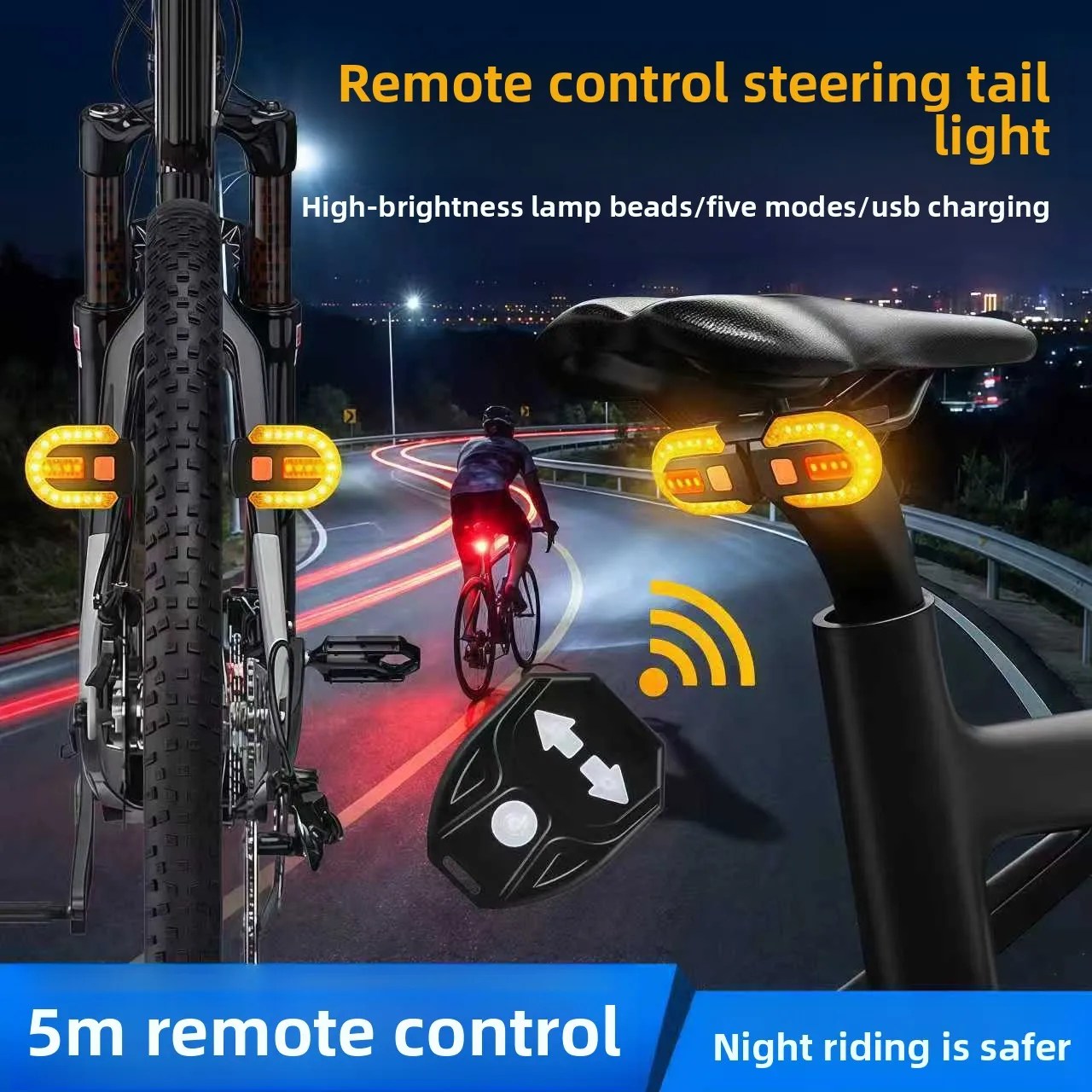 USB-Rechargeable Bicycle Turn Signal Tail Light, Wireless Remote Control Bike Rear Light with 5 Modes, Waterproof Safety