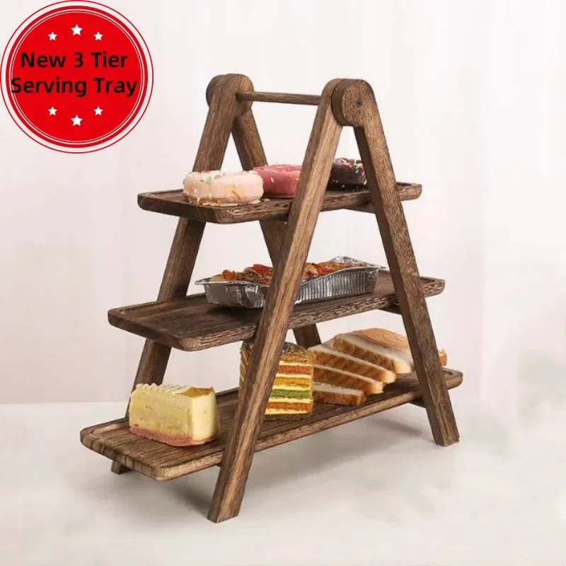 New Farmhouse 3 Tier Wood Tiered Tray Cake Stand Serving Tray Party Platters and Dishes Tiered Decor Trays Wooden Tray