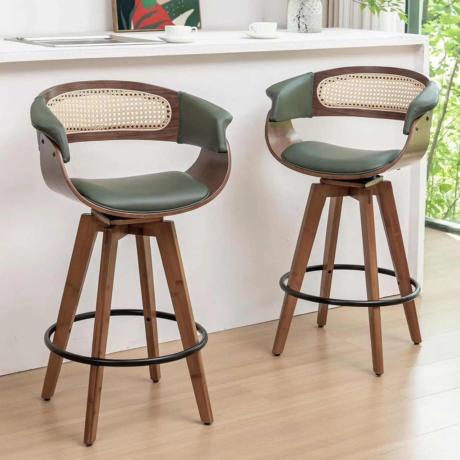 

Set of 2 Rattan Swivel Counter Stools - 26.4 inch Counter Height Bar Stools with Cane Back,Rattan Bar Stools for Island/Kitchen