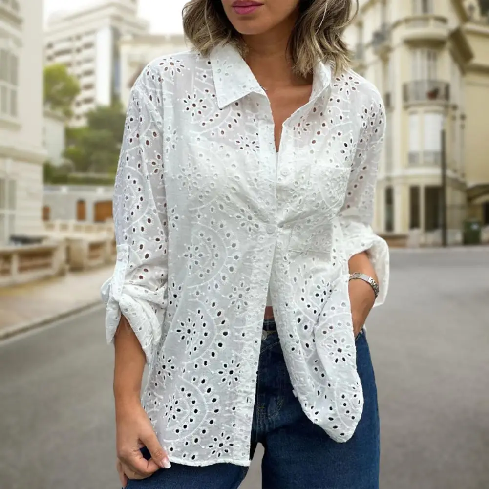 Women Lace Shirt Hollow Out Embroidery Blouse White Green Rose Summer 2024 New Clothing Modern Girl Tops Streetwear Shirt  ﻿