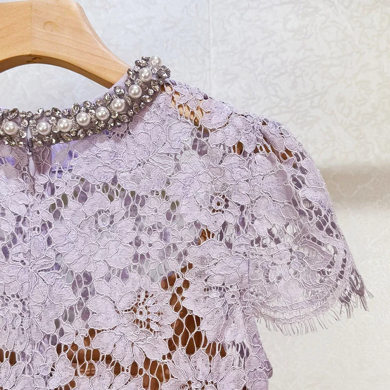 ฤดูใบไม้ผลิฤดูร้อนคุณภาพสูงหวานสีม่วงลูกปัดสั้นชุดแฟชั่นแขนสั้นลูกไม้ Openwork งานแต่งงานหรูหราภาษาฝรั่งเศสคําชุด