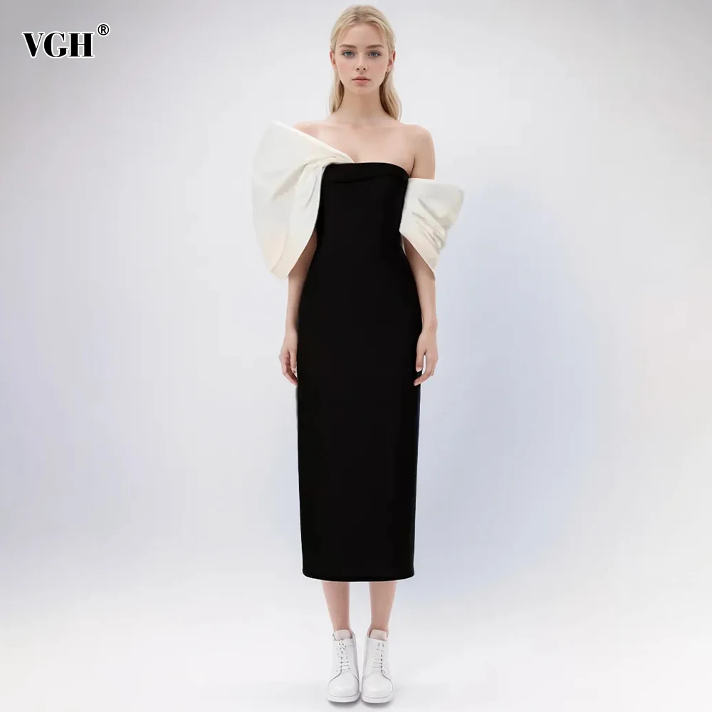 

VGH Hit Color Patchwork Folds Elegant Dresses For Women Strapless Off The Shoulder Sleeve High Waist Slimming Long Dress Female