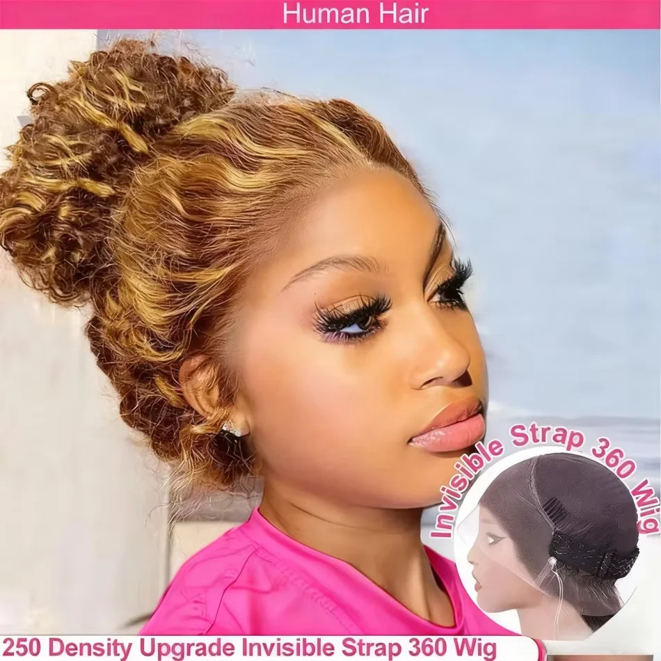 Perruque Lace Front Wig 360 naturelle bouclée, cheveux humains, pre-plucked, Hd, Deep Wave, avec cordon Invisible, pour femmes
