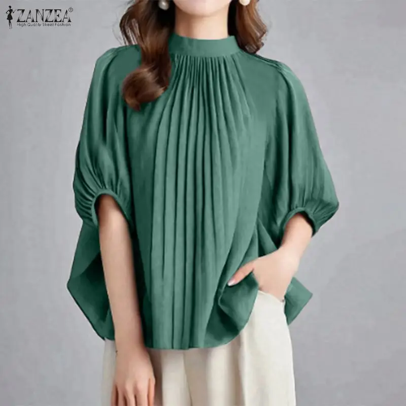 

ZANZEA Autumn Women Elegant Blouse Fashion Tops Casual Half Puff Sleeve Loose Solid Shirts Stand Collar Office Pleated Blusas