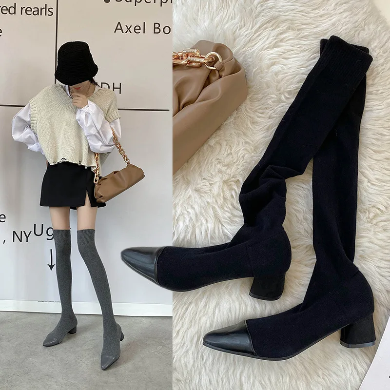 

Silk Stocking Boots Pointed Toe Slim Boots Women Knitted Wool Elastic Socks Boots Thick Heel High Heels Over-the-Knee Long Boots