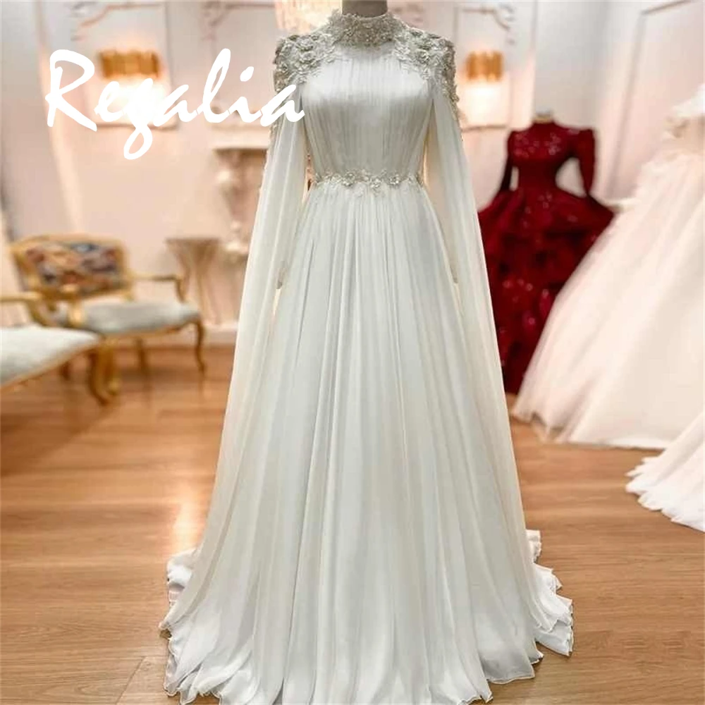 

Customized Romantic White Chiffon Evening Dress Formal High Collar Homecoming Dresses Fashion Sweep Train Celebrity Gowns