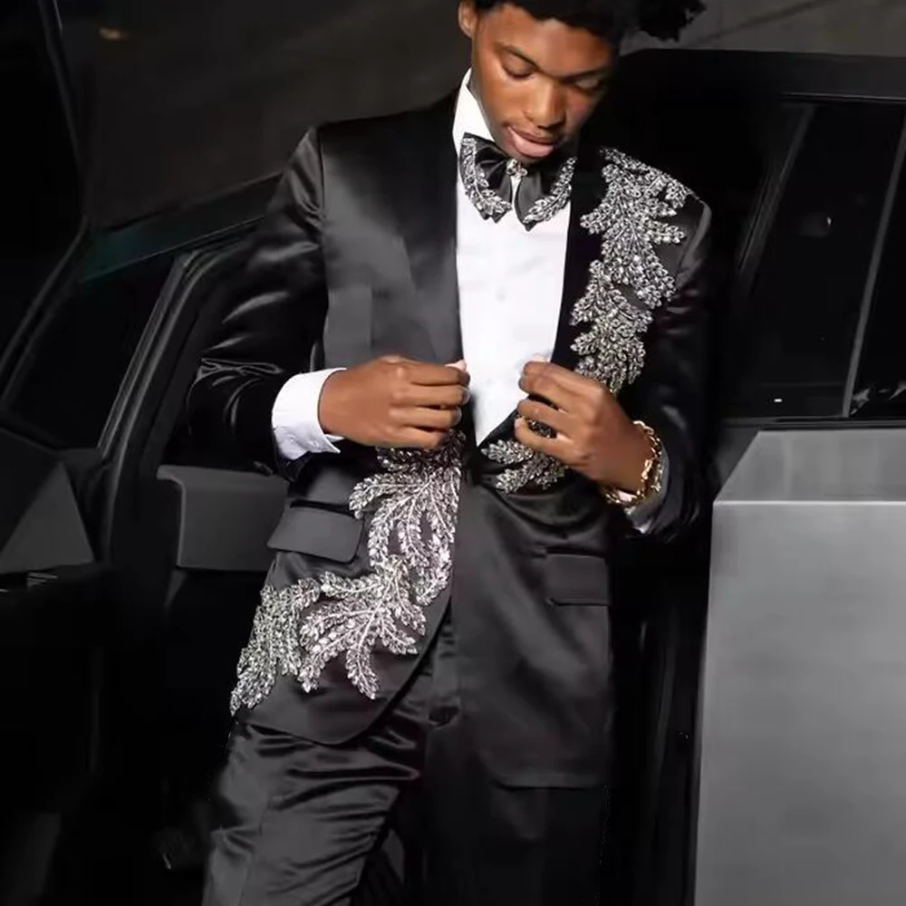 Exclusive Suits Men For Wear Diamond Beaded Satin Jacket Pants 2 Pieces Customized Single Breasted Groom Wedding Tuxedo Attire