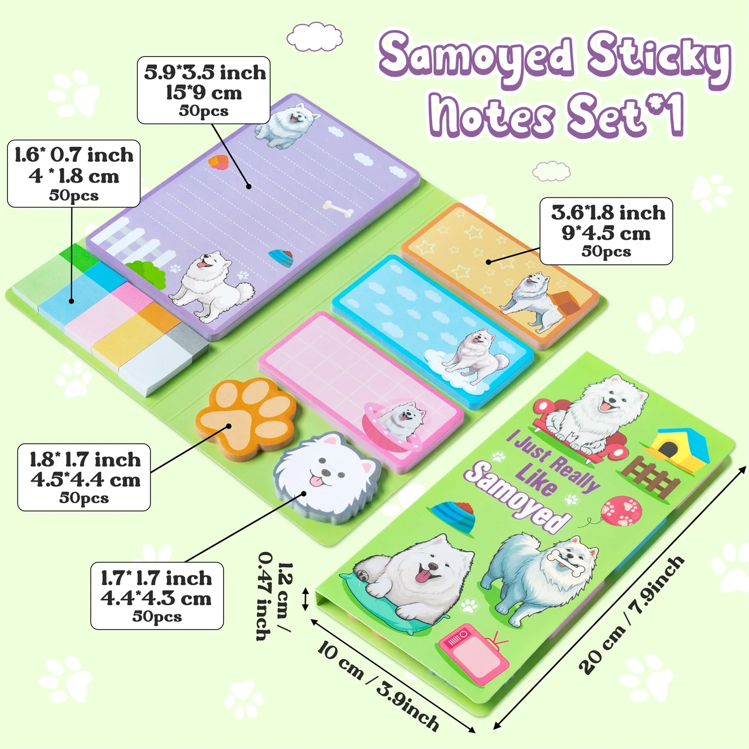 Samoyed Sticky Notes Set Cute Samoyed Self-Stick Notes Pads Animal Divider Tabs Bundle Writing Page Marker Office Supplies Gift