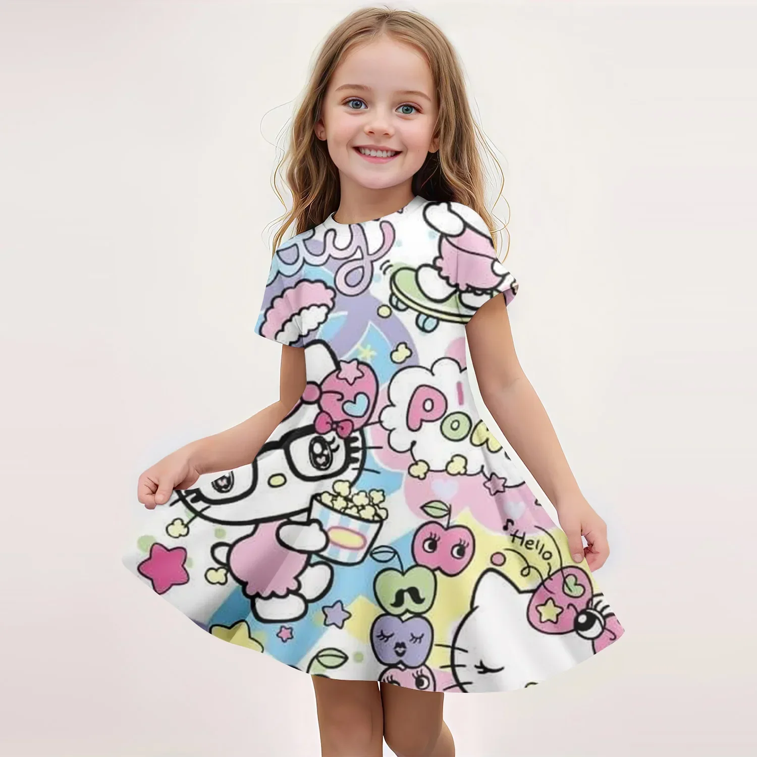 

MINISO New Summer Girls Dress Fashion Cartoon Cute Cinnamoroll &Hello Kitty 3D Printing Dress Kid Short Sleeve Princess Clothing