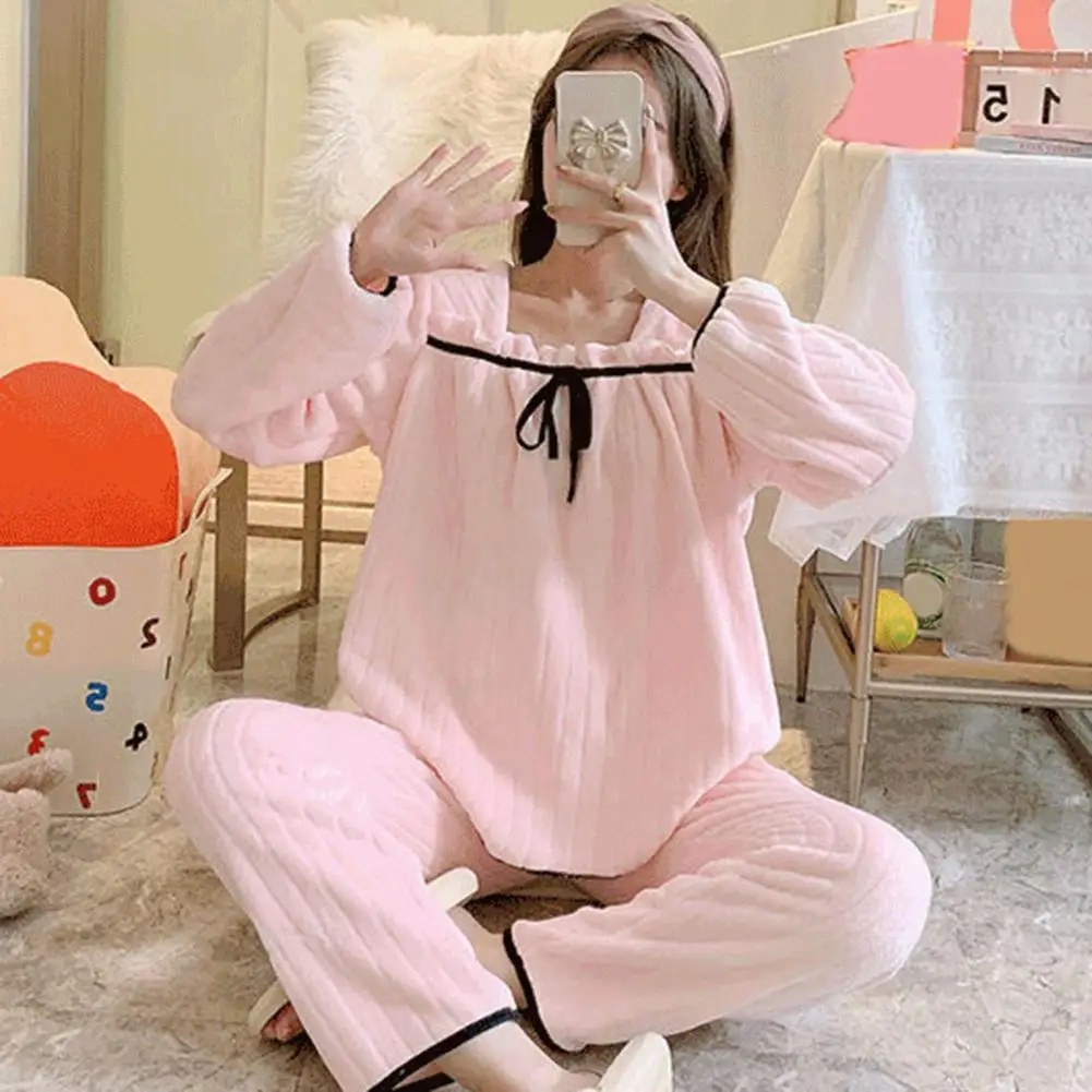 Fleece Pajamas Sets for Women Autumn Winter Thick Warm Sweet Long Sleeve Sleepwear Nightgown Pijama Suit Homewear