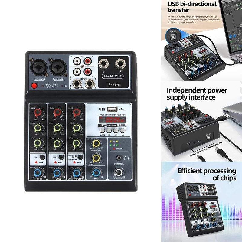 4 Channel Audio Mixer Sound Board Mixing Console Input 48V Phantom Power Stereo DJ Mixers For Recording KTV