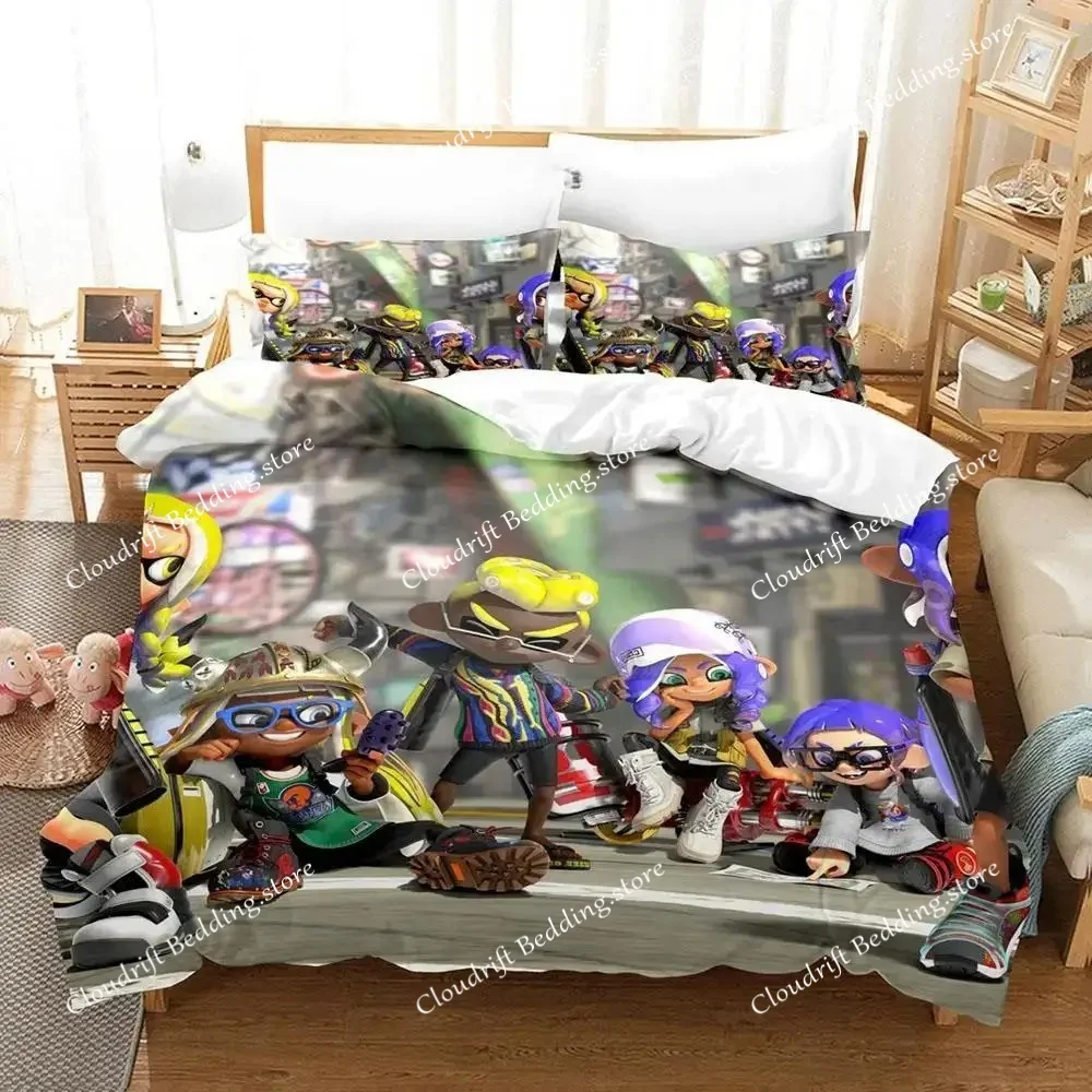 Kawaii Game Splatoon 3 Bedding Set Single Twin Full Queen King Size Bed Set Adult Kid Bedroom Duvet Cover Sets Bed Sheet Set