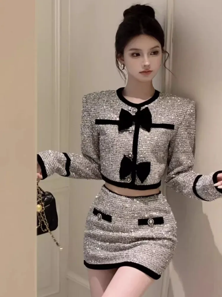 New Fashion Sexy Korea 2 piece Skirt Suit Women Autumn Y2k New Bow Jacket Coat + Mini Skirt Street Two-Piece Set Autumn Women