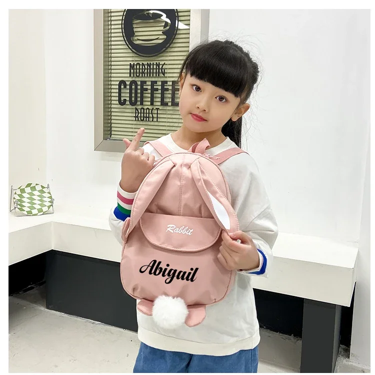 Personalised Kawaii Bunny Backpack for Girls with Cute Rabbit Ears and Fluffy Bear Pendant School Bookbag for Kids