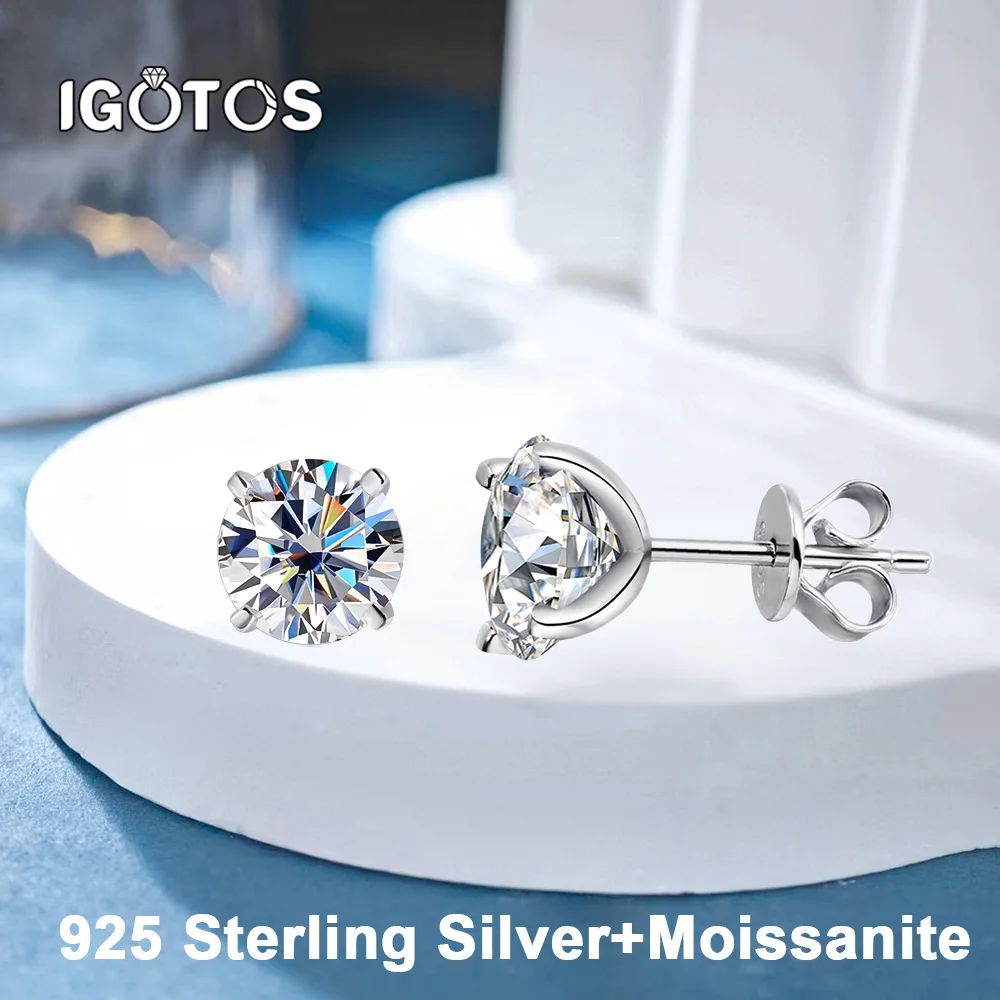 

IGOTOS 0.2-2ct S925 Sterling Silver Moissanite Stud Earrings for Women 4 Claws Classic Round Diamond Ear Stud 18K Plated Jewelry