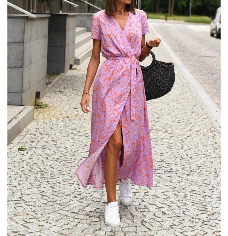 أزياء جديدة عارضة قصيرة الأكمام الخامس الرقبة طباعة الأزهار صالح ومضيئة الدانتيل متابعة سبليت فضفاض منتصف العجل اللباس، 6 ألوان