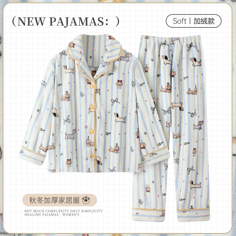 Cartoon animal pattern pajamas for women, autumn winter, coral fleece thickened and flannel warm, winter flannel home clothes