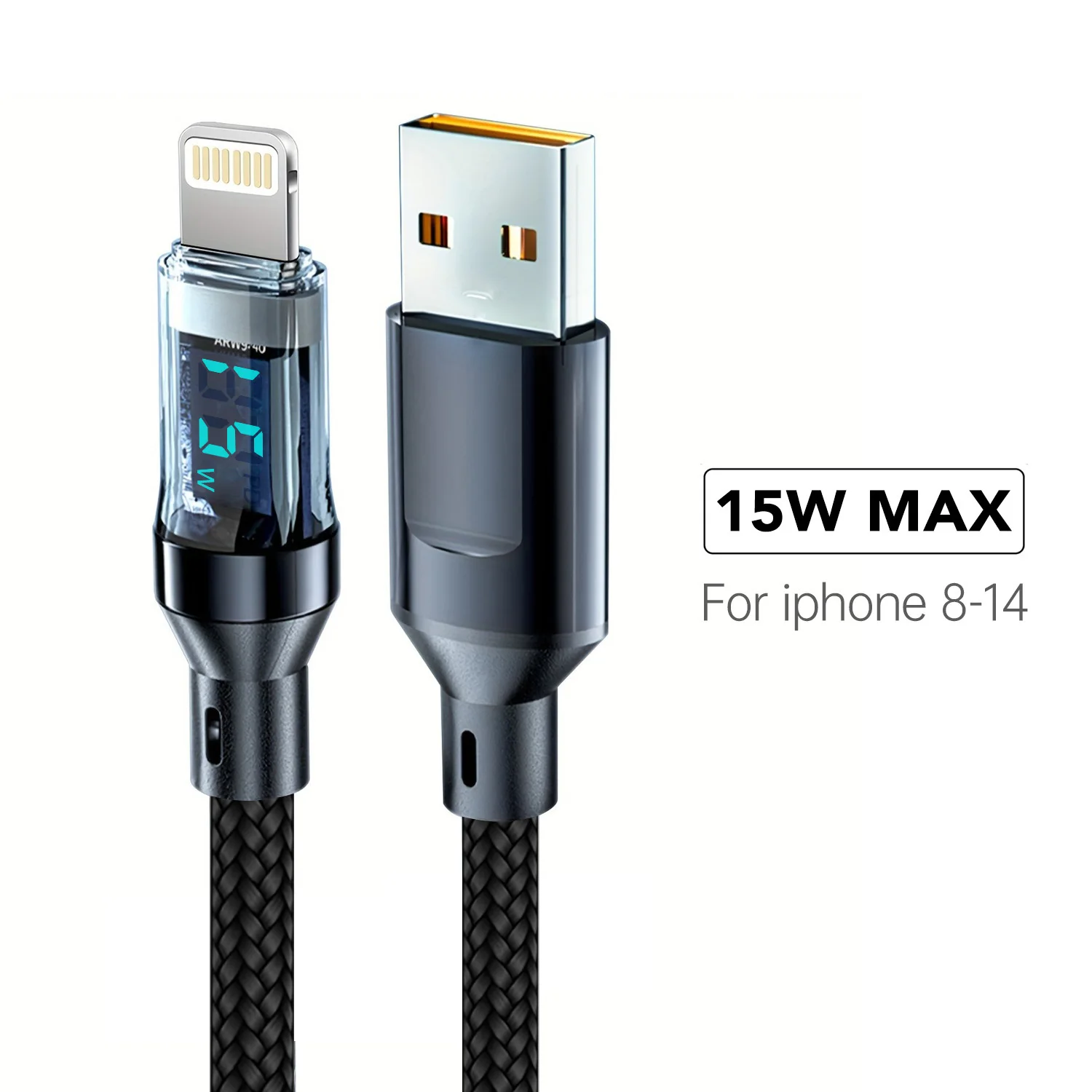 OOZCC LCD Watt-displaykabel, max. 120 W supersnel opladen USB Type C-kabel Gegevensoverdracht, USB A naar Lightning voor IPhone14 Pro
