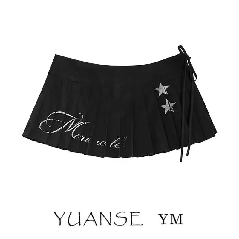 Super Short Mini Skirts Chic Design Star Print Pleated Skirt Sweet Girls 2000s Grunge Cute Layered Y2K Lace-up A-line Sexy Lady