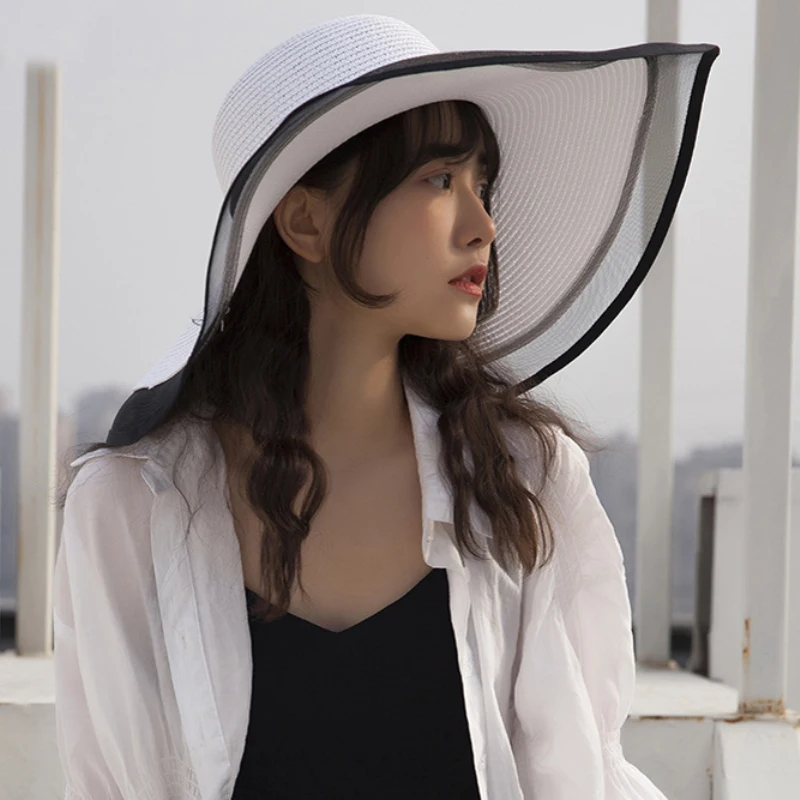 HT2504-Sombrero de ala ancha anti-UV para mujer, sombreros de paja lisos y flexibles para verano, playa con sombrero de ala de malla femenina