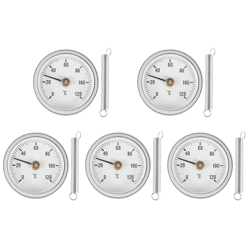 

63Mm Pipe Clip-On Dial Thermometer Temperature Round Plate Gauge With Spring,Range 0-120℃, Aluminum Case, 5Pcs Set