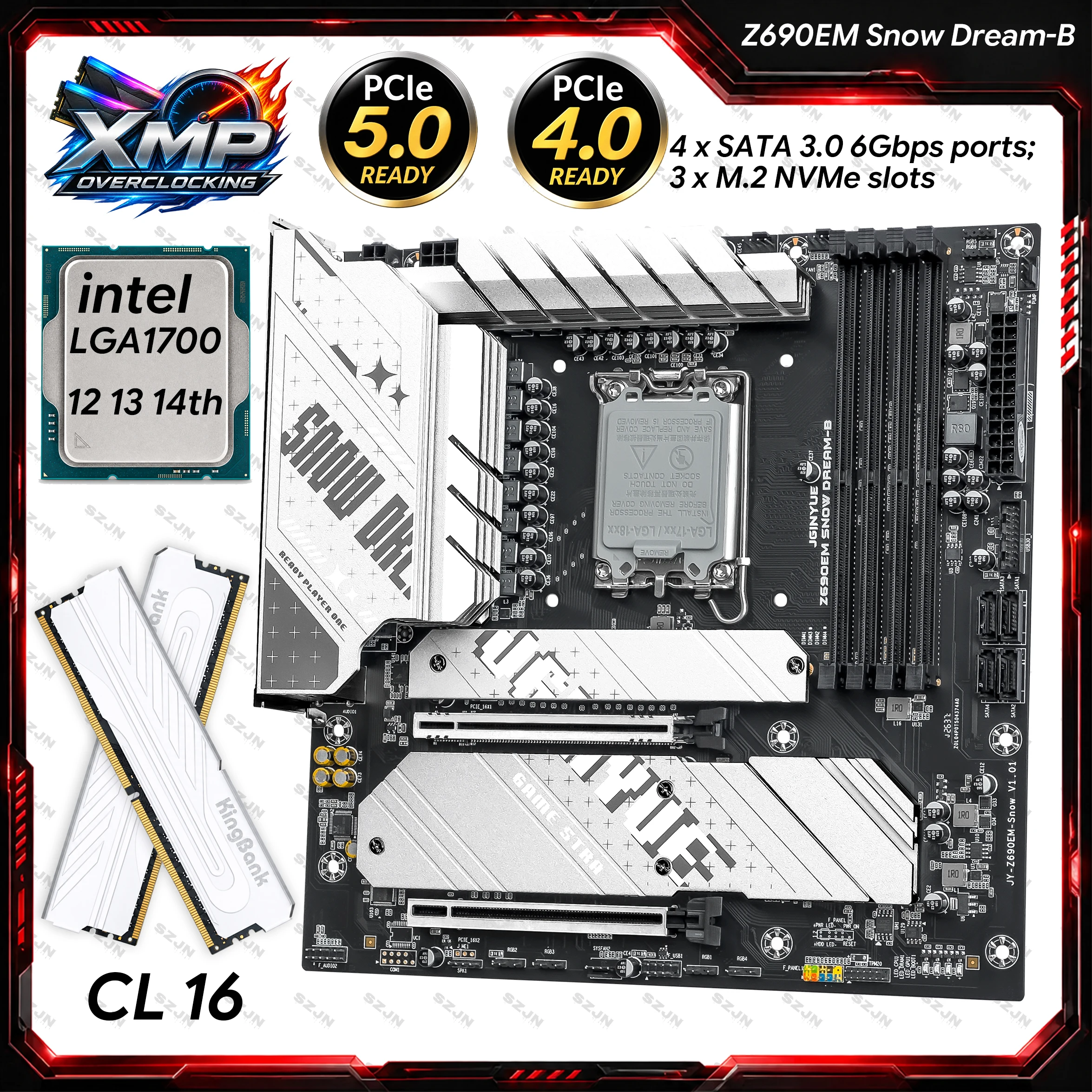 JGINYUE Z690EM Snow Dream-B Z690 Motherboard LGA1700 Intel 12th 13th 14th Gen DDR4 3x M.2 NVMe PCIe 5.0 2.5G LAN ARGB