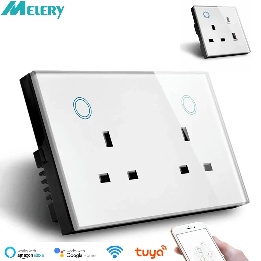 Melery Smart WiFi Dual UK Socket Intelligent USB Type-C Touch Control Switch,Voice Controls Compatible with Alexa Google Home