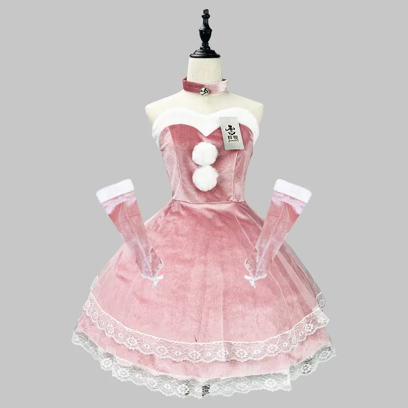 Sweet Lolita Bunny Girl Halloween Christmas Cosplay Costume Japanese Anime Pink Maid Lingerie Soft Velvet Rabbit Roleplay Outfit